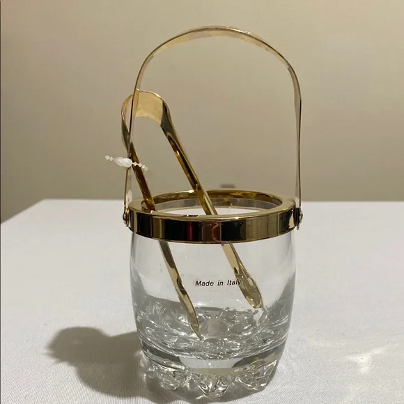 Small Crystal Ice Bucket with Gold Color Metal Trim and Ice Tong Made in Italy - Picture 3 of 10